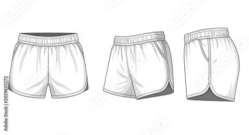 Technical drawing showing three different views of a pair of men athletic shorts for clothing design and manufacturing.