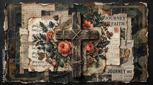 Layered Mixed Media Collage Featuring A Rustic Wooden Cross With Vintage Flowers And Torn Paper For Religious Designs