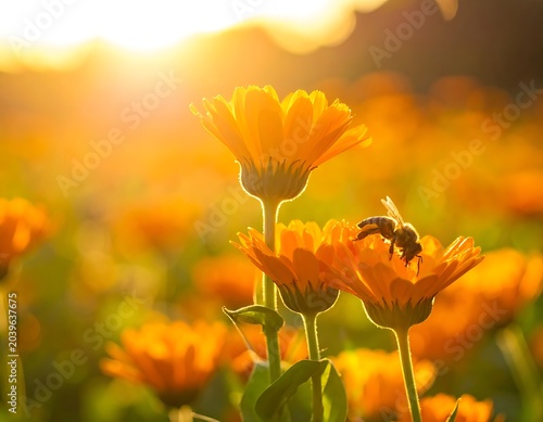 A bee collects nectar from vibrant orange flowers in a sunny field