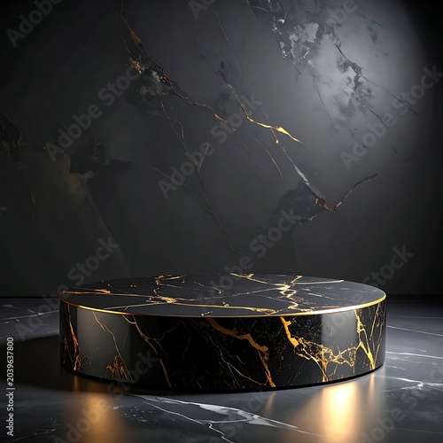 A black marble podium with golden veins on a dark background