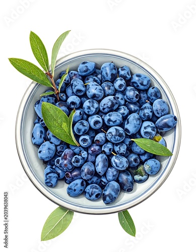A bowl of fresh blueberries with green leaves on a white background