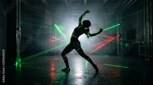 A silhouette of a dancer striking a dramatic pose surrounded by colorful laser beams. Concept for movement, dance, technology, and artistic expression, ideal for creative advertising. Generative AI.