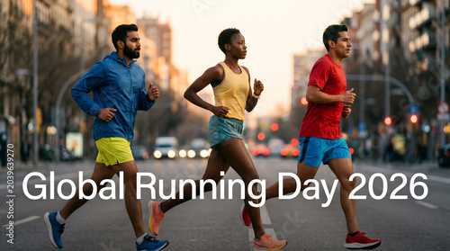 Global Running Day 2026, Diverse Runners Urban Boulevard Golden Hour Editorial Sports Photography