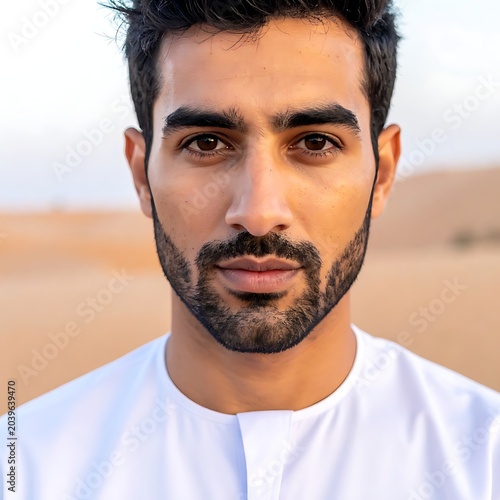 A close-up portrait of a young man with dark hair and a beard