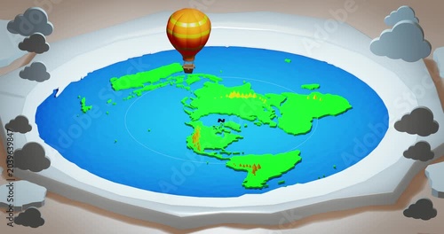Hot air balloon above flat Earth. 3d render video.