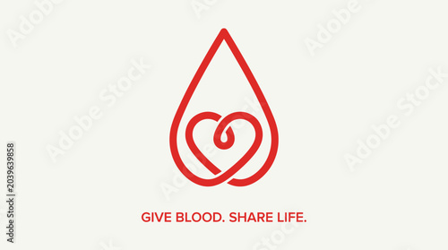 Blood donation awareness vector logo featuring red droplet and heart symbol, promoting compassion, health, and life‑saving message “Give Blood Share Life” for medical campaign design