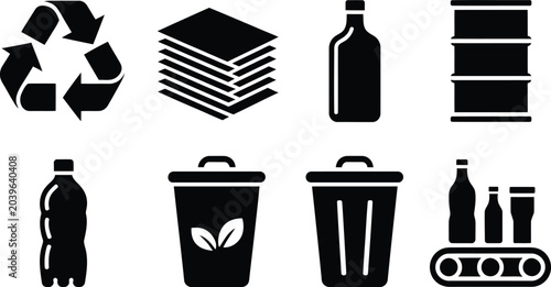 Recycling symbols collection glass paper plastic metal waste management icons for environmental awareness campaigns