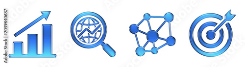 Business growth search network target 3D Glossy Gradient Icons Set. Transparent PNG