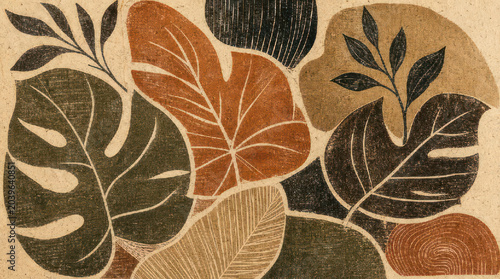 Botanical Linocut Print of Assorted Tropical Leaves.