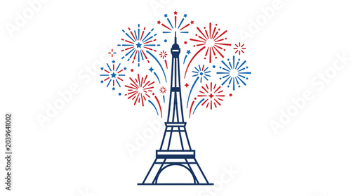 Eiffel Tower in Paris with colorful festive fireworks display.