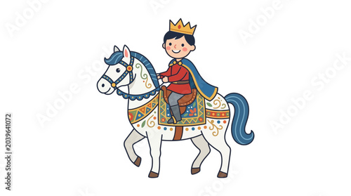 Valokuva Cute illustration of a little prince riding a white horse.
