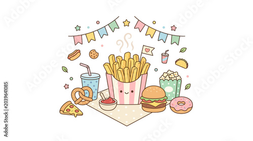 Cute Kawaii Fast Food Illustration Set with French Fries Burger and Drinks.
