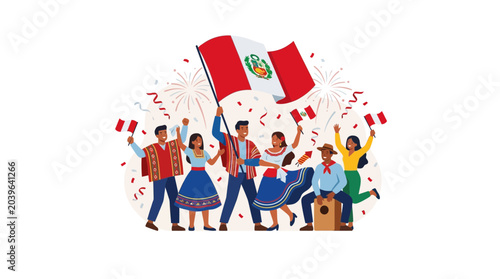 Photos Diverse group of happy Peruvian people celebrating with national flags