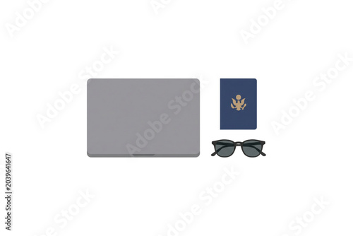 Digital nomad travel setup with closed laptop passport and sunglasses flat vector illustration isolated on white background