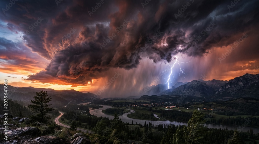 Fototapeta premium Dramatic Supercell Storm Clouds Over Mountain Valley Landscape at Sunset with Lightning