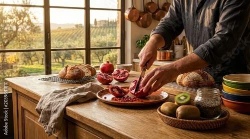 Man cutting pomegranate on wooden counter in rustic kitchen
