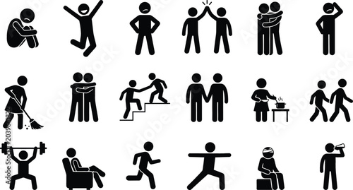 Human Stick Figure Action Icon Set with Daily Life Activities Emotions Sports and Relationship Silhouette Elements