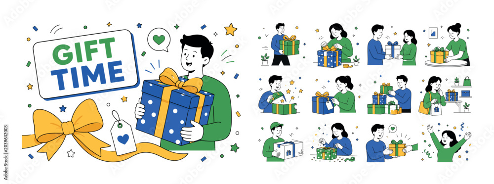 Fototapeta premium Gift Present Symbol. Clean editorial banner with one main celebration scene: a geometric character holding an oversized wrapped gift box beside a large ribbon bow, with small stars, confetti dots, tag