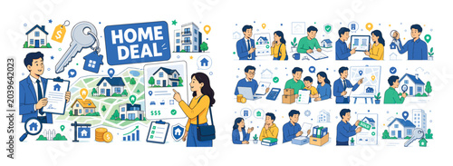Real Estate Set. Clean editorial banner scene about real estate, property, housing, building sales, rental search, and home investment with one oversized house key and property map stretching across