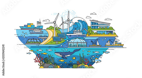 Sustainable marine industry and renewable energy vector illustration