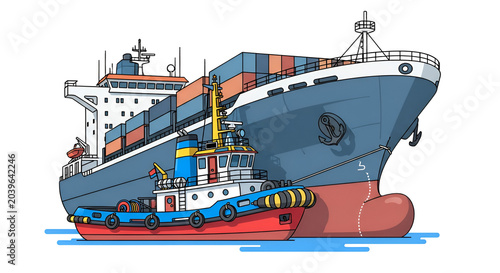 Tugboat maneuvering a large container cargo ship in the ocean vector