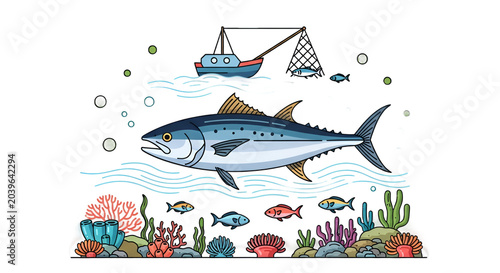 Tuna fish swimming in the ocean with a fishing boat on the surface