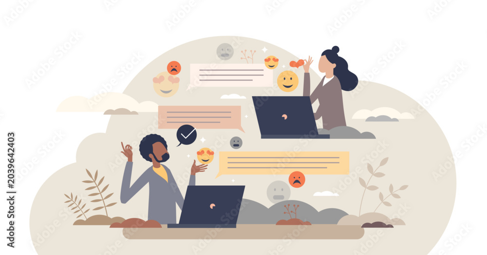 Fototapeta premium Digital communication etiquette and proper writing style tiny person concept, transparent background. Social standard for reactions and emotions in computer or phone messages illustration.