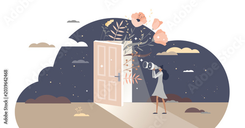 Canvastavla Curiosity and cognition with looking in unknown future tiny person concept, transparent background