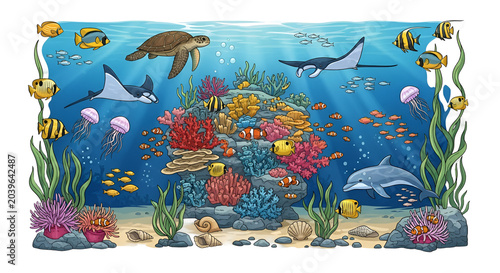 Vibrant cartoon coral reef underwater scene with diverse marine life