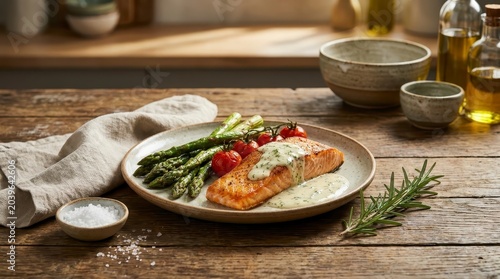 Cooked Salmon Dinner with Asparagus and Cherry Tomatoes