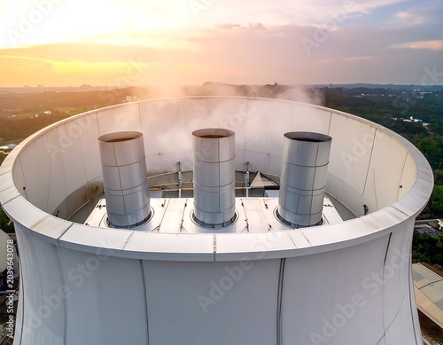 A large cooling tower with steam venting into sunset
