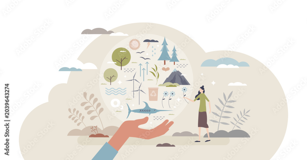 Obraz premium Biodiversity in nature as environment variety protection tiny person concept, transparent background. Saving wildlife ecosystem with resources recycling, alternative energy.