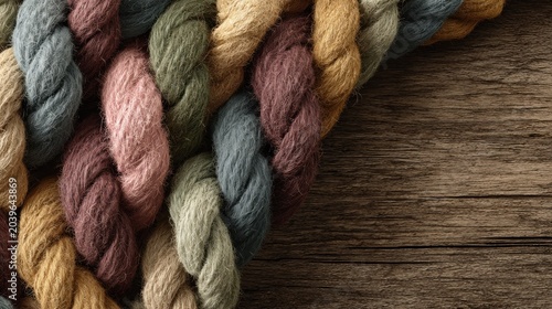 Thick, softly spun yarn skeins in muted colors rest against a dark wooden surface.
