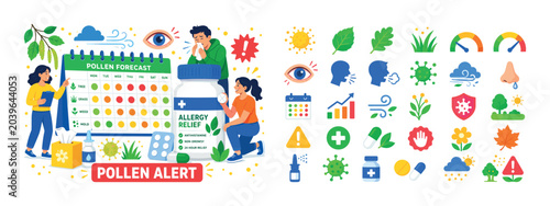 Allergy Season Forecast banner, lively flat vector banner scene about allergy season symptoms, pollen forecast, and medication indicators with 3 expressive stylized human characters interacting with