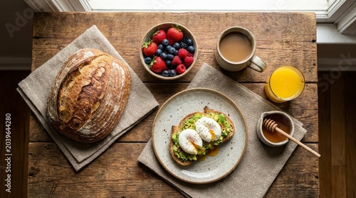 Healthy Breakfast Spread with Avocado Toast and Berries
