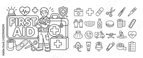 First Aid Emergency Series banner with medic near oversized first aid kit and large cross box, small bandage and scissors details, bold text FIRST AID in rounded rectangle off-center, edge to edge