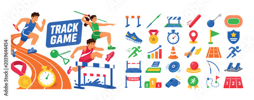 Track Field Athletics banner, lively flat vector banner scene about colorful track and field athletic events with 3 expressive stylized human characters interacting with one oversized running track