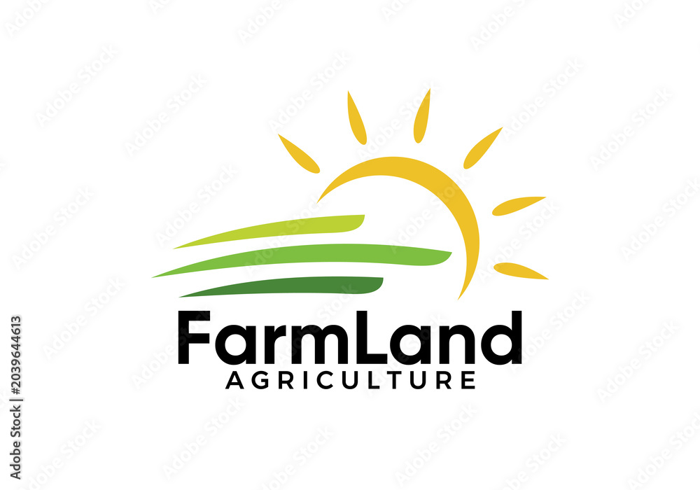 Fototapeta premium land farm with sun logo. creative agriculture design symbol concept
