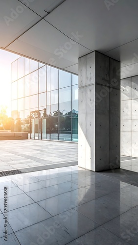 A modern interior with a concrete pillar and large window