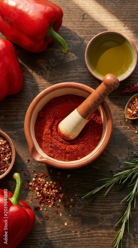 Red peppers spices and olive oil on wooden table