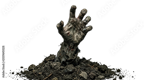 Decaying zombie hand rising from a pile of dirt, isolated on transparent background