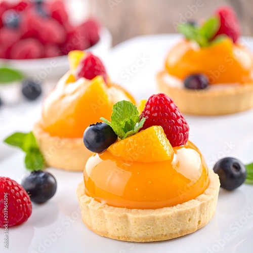 A plate of three small pastries topped with fruit
