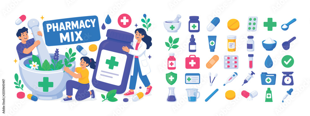 Naklejka premium Pharmacy Mortar Mix banner with 3 expressive stylized human characters interacting with an oversized pestle and mortar and a large medicine jar, playful poses and visible faces, full canvas