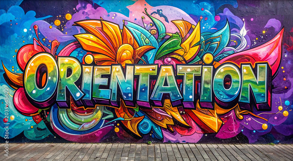Fototapeta premium Orientation - Ein farbenfrohes Graffiti-Kunstwerk auf einer urbanen Wand mit leuchtenden Farben und abstrakten Muster.