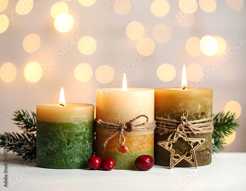 A serene arrangement of lit candles in holiday colors