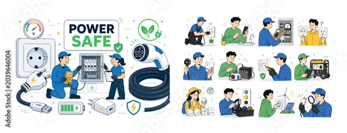 Electrical Power Connections. Electrical plugs and sockets banner with one main scene of two technicians checking safe power connection on a wall panel, oversized mains outlet and coiled charging