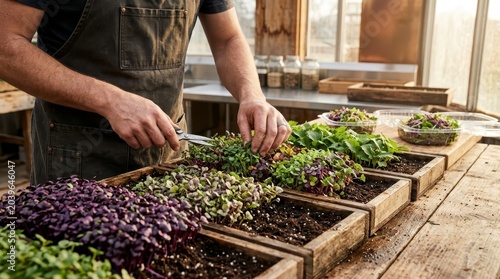 Man harvesting fresh microgreens in a greenhouse