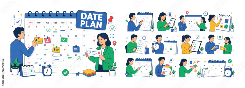 Fototapeta premium Calendar Planning Symbol. Clean editorial banner scene about calendar organization with one oversized monthly calendar grid reaching the top, bottom, left, and right edges, one character adding a