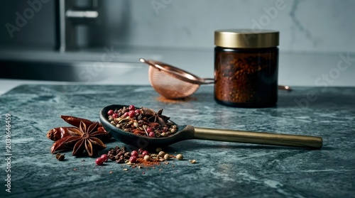Assorted spices on spoon with jar and sieve on marble