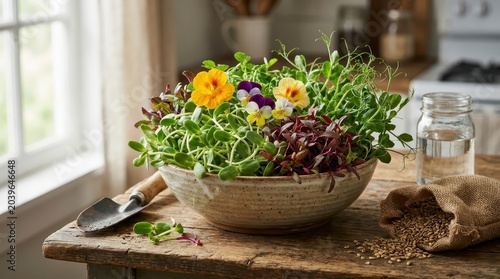 Fresh microgreens and edible flowers in rustic bowl